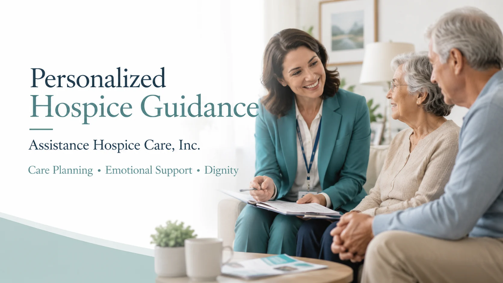 Care professional discussing hospice planning with an older couple